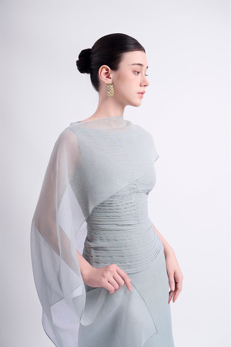 Gray Floss Sheer Silk Maxi Dress by EEGEN Studio, flowing and lightweight with a delicate sheer design and elegant silhouette.