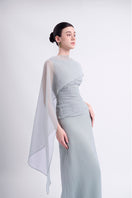 Gray Floss Sheer Silk Maxi Dress by EEGEN STUDIO, flowing fabric with elegant drape, showcased on a model.