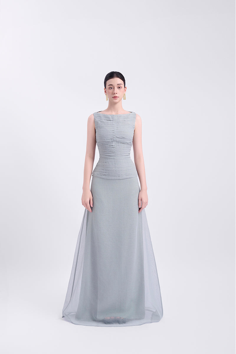 Gray Floss Sheer Silk maxi dress by EEGEN STUDIO, flowing design with lightweight, semi-transparent fabric and elegant silhouette.