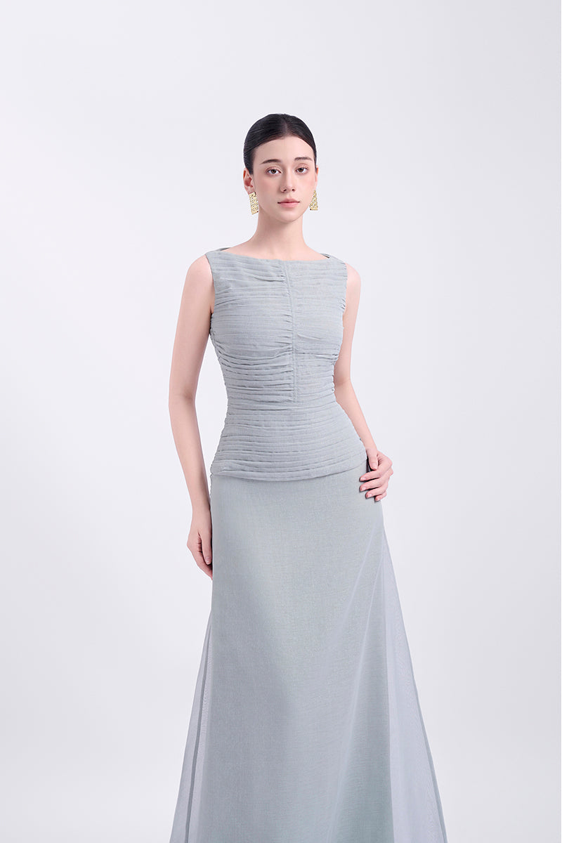 Elegant gray FLOSS SHEER SILK maxi dress by EEGEN STUDIO featuring flowing fabric and a sophisticated design.