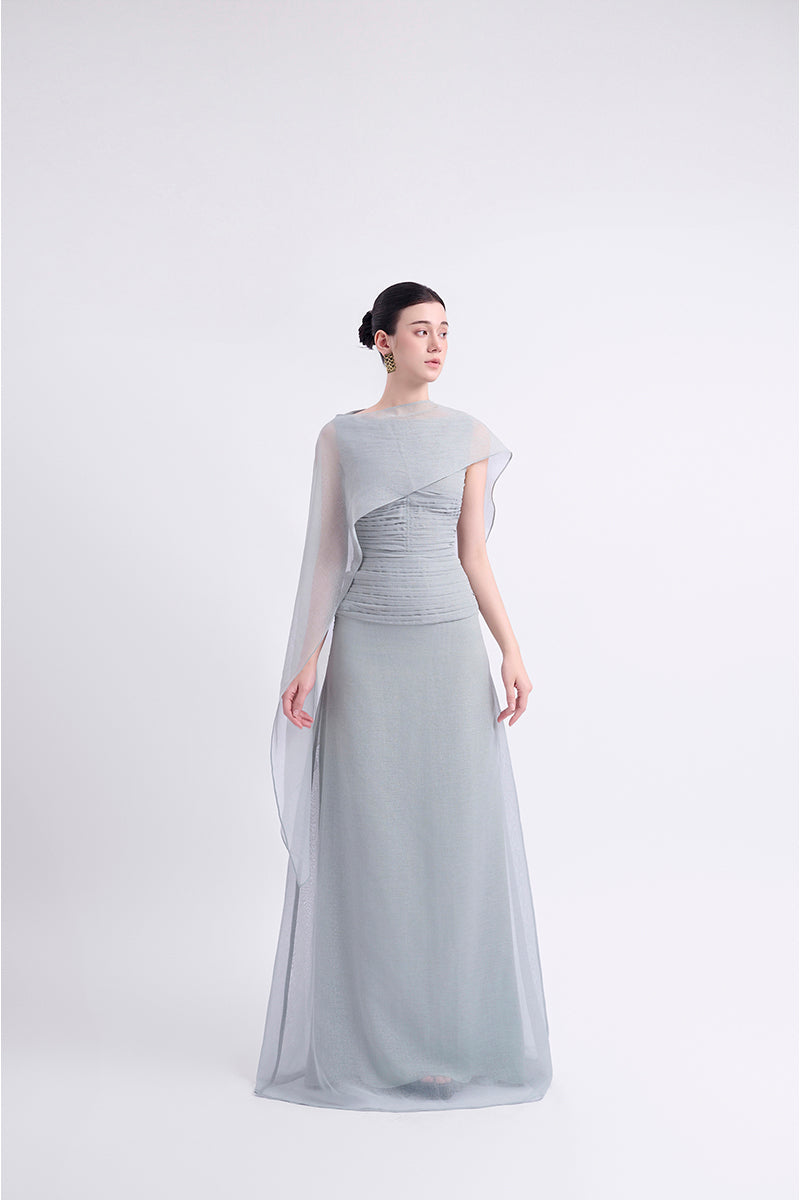 Gray FLOSS SHEER SILK maxi dress by EEGEN STUDIO, featuring lightweight, flowing fabric and elegant design.