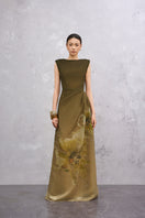 Olive green Verna gown by EEGEN STUDIO featuring a flowing design and elegant front view.