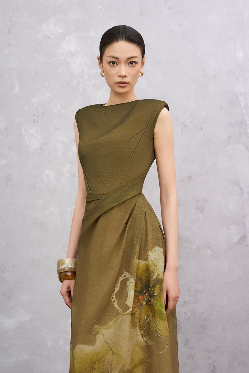 Olive green EEGEN STUDIO Verna midi dress displayed from the front, showcasing a stylish and elegant design.