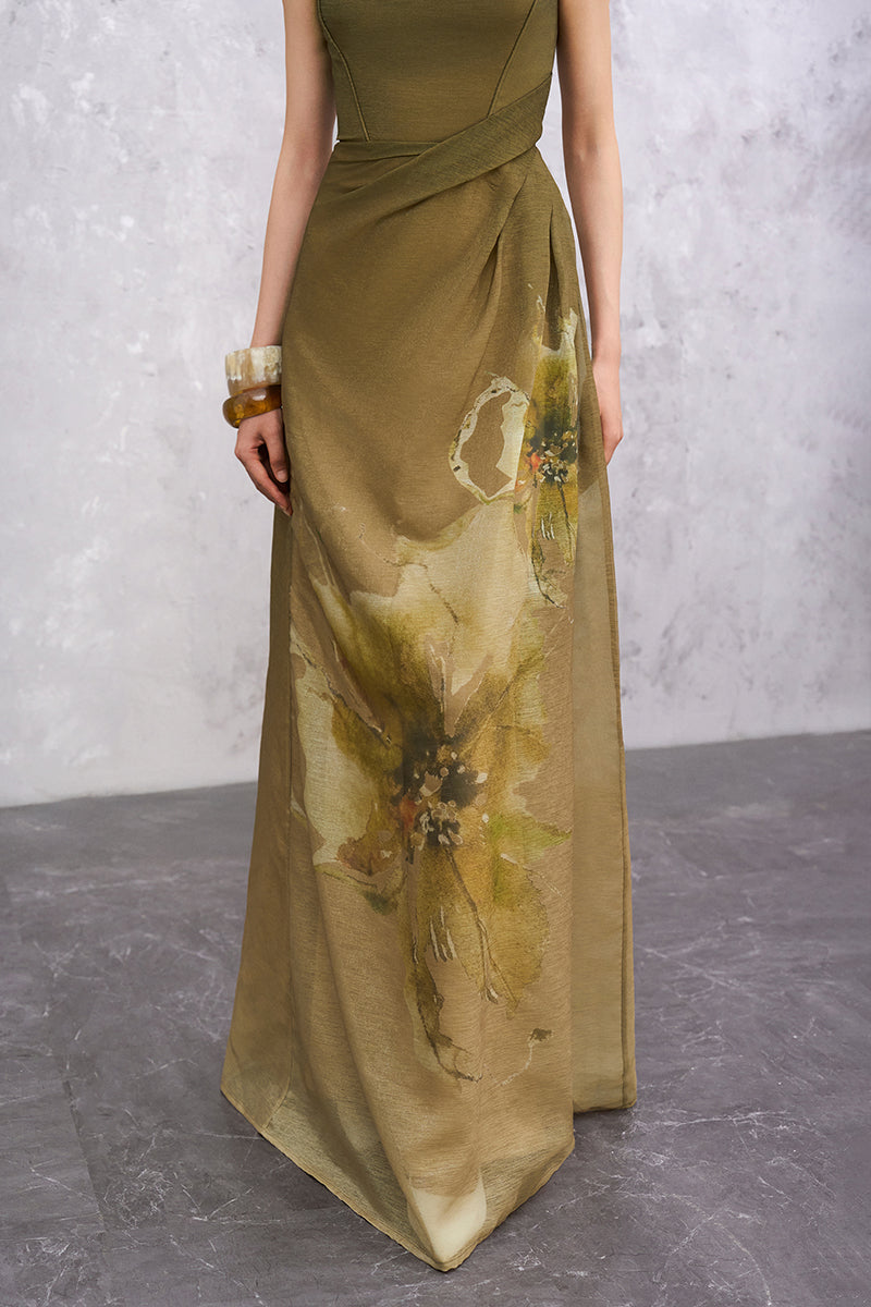 Olive green Verna midi dress by EEGEN STUDIO, front view showing fitted waist and flowing skirt.