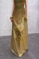 Olive green Verna gown by EEGEN STUDIO, front view showcasing a flowing design and elegant silhouette.