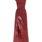 Red AZARA maxi dress by EEGEN STUDIO, flowing fabric and elegant design, displayed on a hanger against a neutral background.