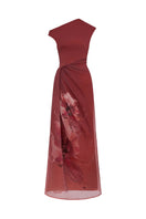 Red AZARA maxi dress by EEGEN STUDIO, flowing fabric and elegant design, displayed on a hanger against a neutral background.