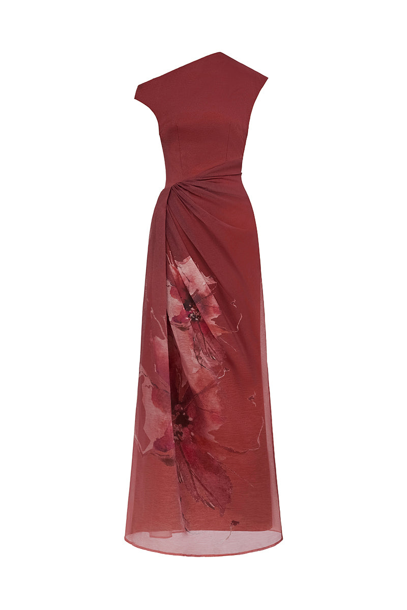 Red AZARA maxi dress by EEGEN STUDIO, flowing fabric and elegant design, displayed on a hanger against a neutral background.