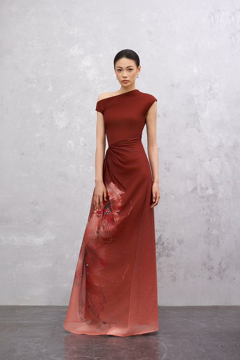 Brick red AZARA maxi dress by EEGEN STUDIO featuring a flowing silhouette and elegant design.
