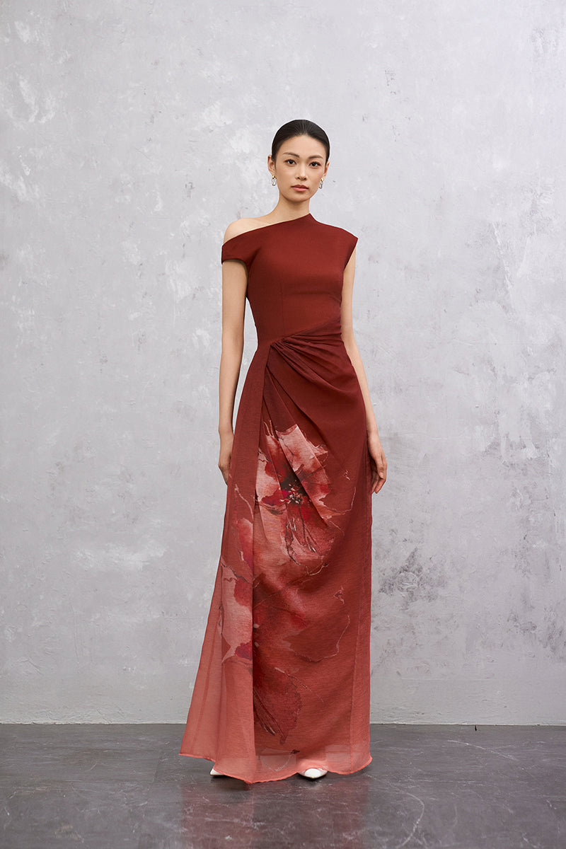 Brick red AZARA maxi dress by EEGEN STUDIO, front view showcasing flowing fabric and elegant design.
