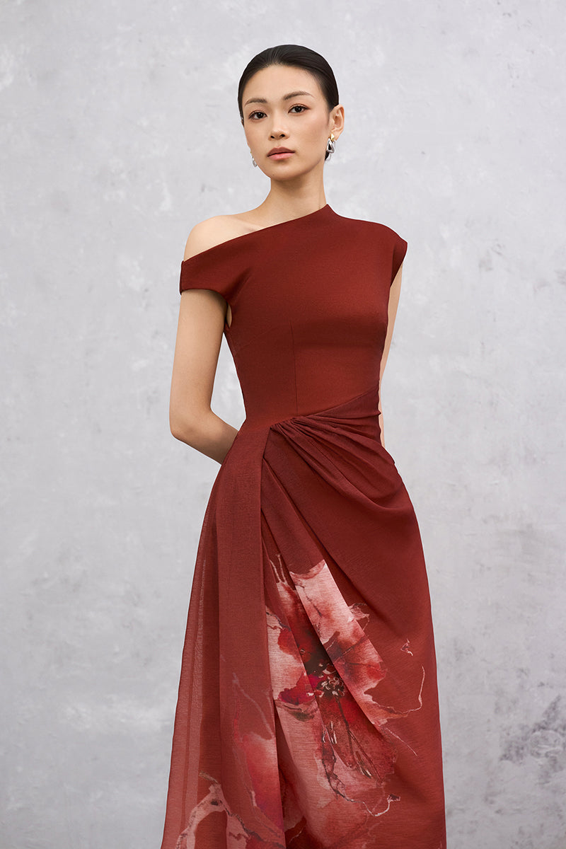 Brick red AZARA maxi dress by EEGEN STUDIO, front view showing flowing fabric and elegant design.
