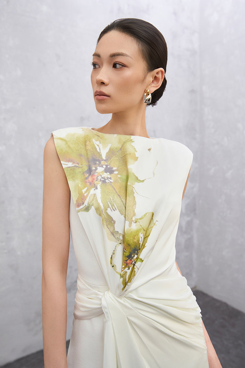 Off-white Florea maxi dress by EEGEN STUDIO, front view showing flowing fabric and elegant design.