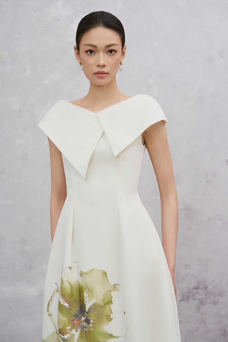 White Lilia Maxi Dress by EEGEN STUDIO, front view showing flowing fabric and elegant design.