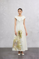 White Lilia Maxi Dress by EEGEN STUDIO displayed from the front, showcasing its elegant, flowing design and lightweight fabric.