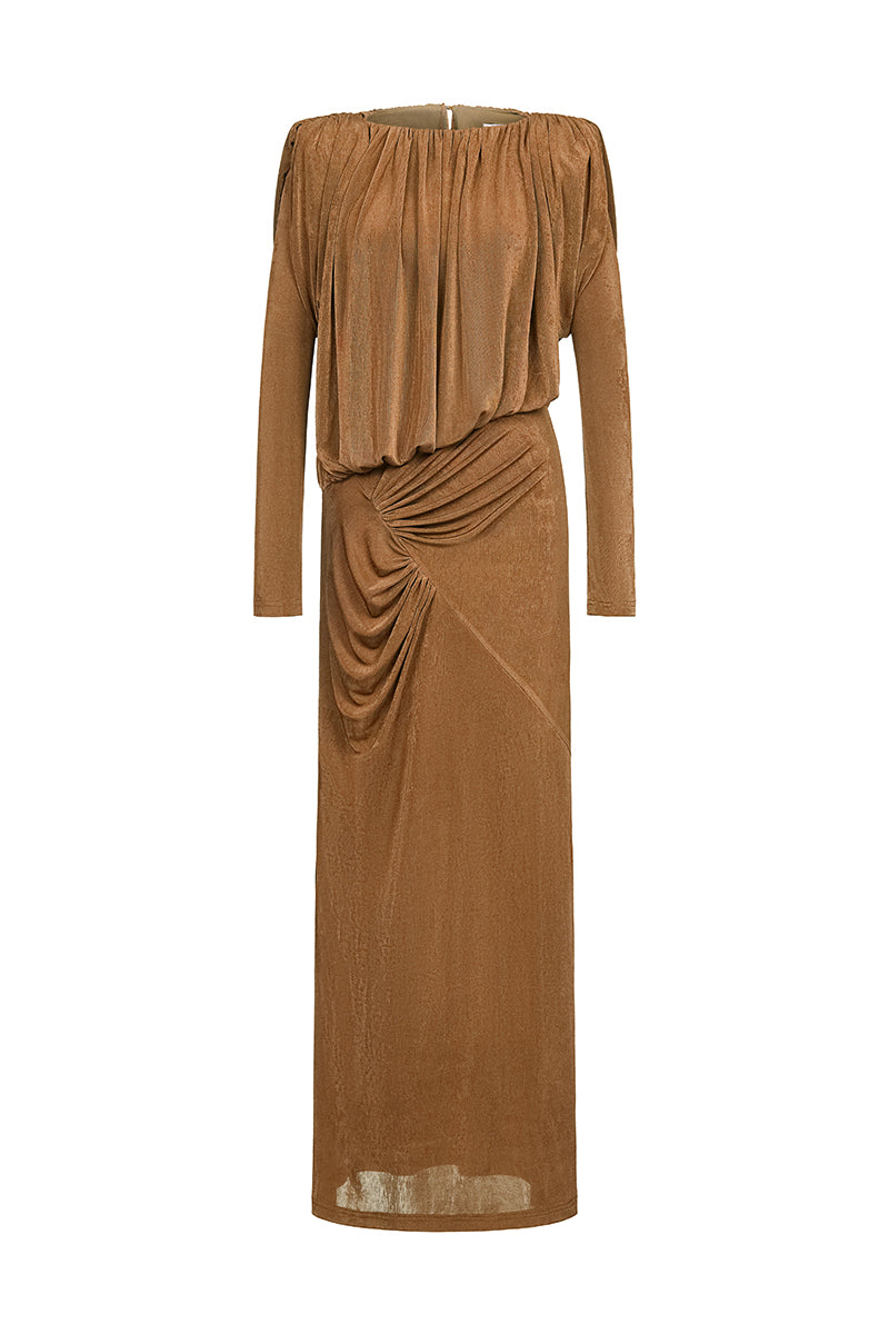 brown long shirt dress SILK SHIRT DRESS WITH SIDE SLITS IN CAMEL | CULT MIA
