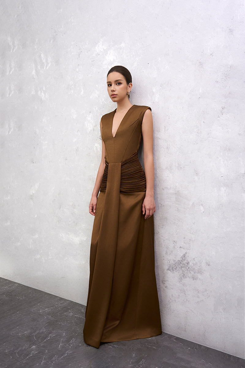 Brown AIRA maxi dress by EEGEN STUDIO featuring flowing fabric and a stylish design, perfect for elegant summer wear.