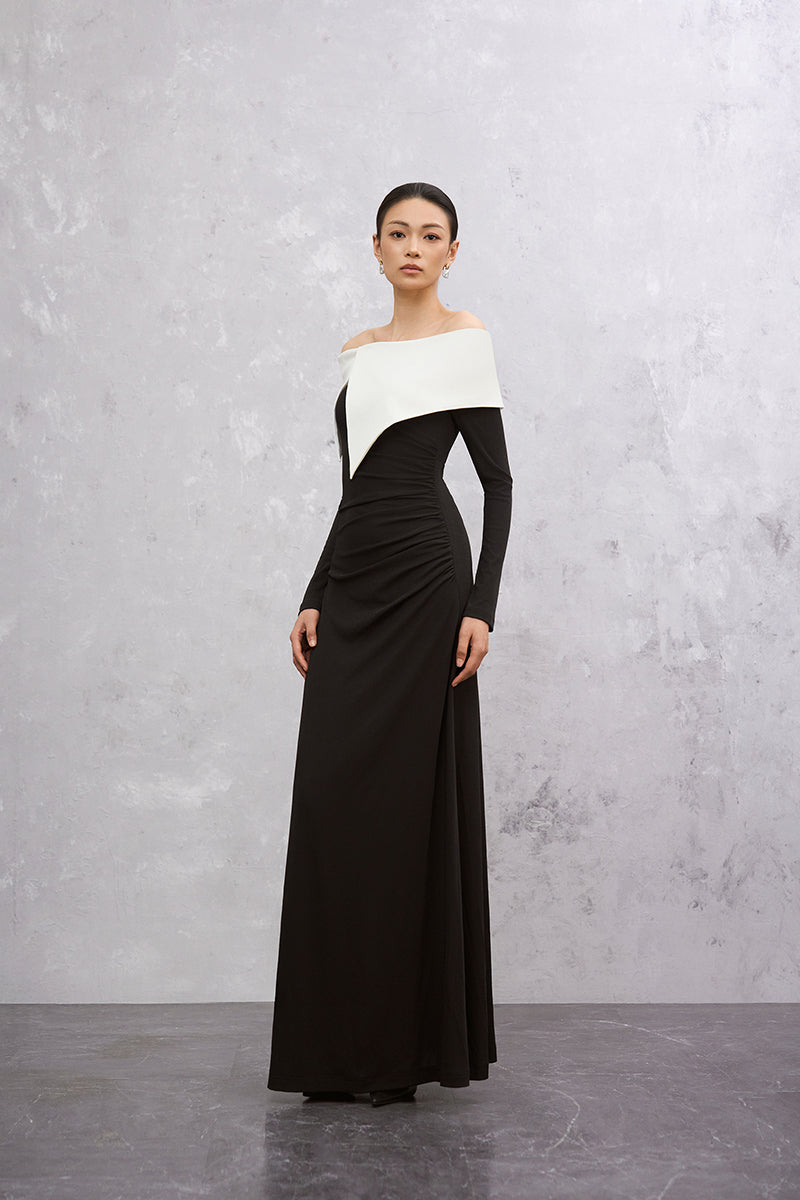 Black and white DARELLA gown by EEGEN STUDIO, featuring elegant fabric and classic design, shown on a mannequin.