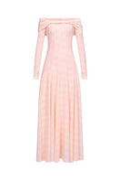 Pink ELOWEN maxi dress by EEGEN STUDIO displayed on a hanger with flowing fabric and elegant design.