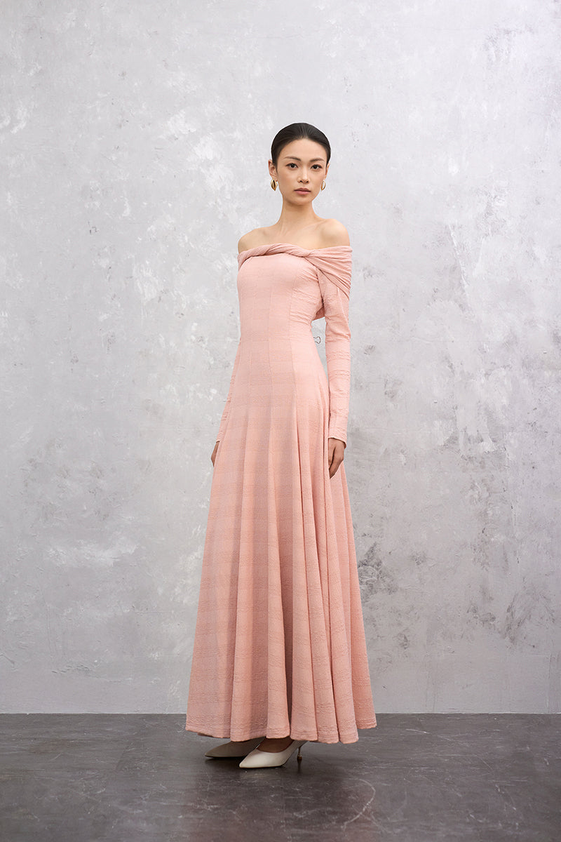 Pink Elowen maxi dress by EEGEN STUDIO, flowing coral pink fabric with a stylish, elegant design perfect for summer wear.