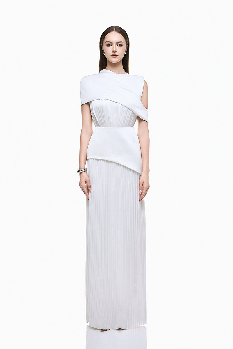 Elegant white taffeta silk gown by EEGEN STUDIO with flowing fabric and intricate detailing, perfect for formal occasions.