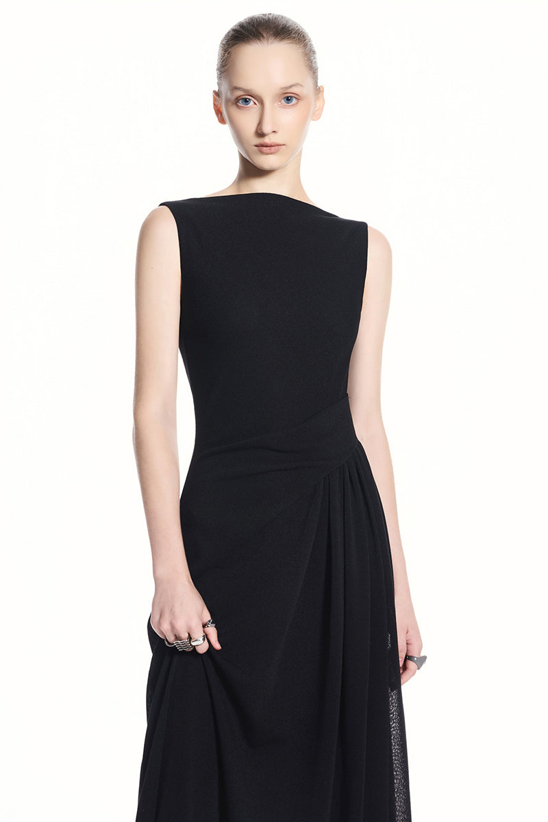 Black and white spandex light knit maxi dress by EEGEN STUDIO, featuring a fitted silhouette and stylish pattern.