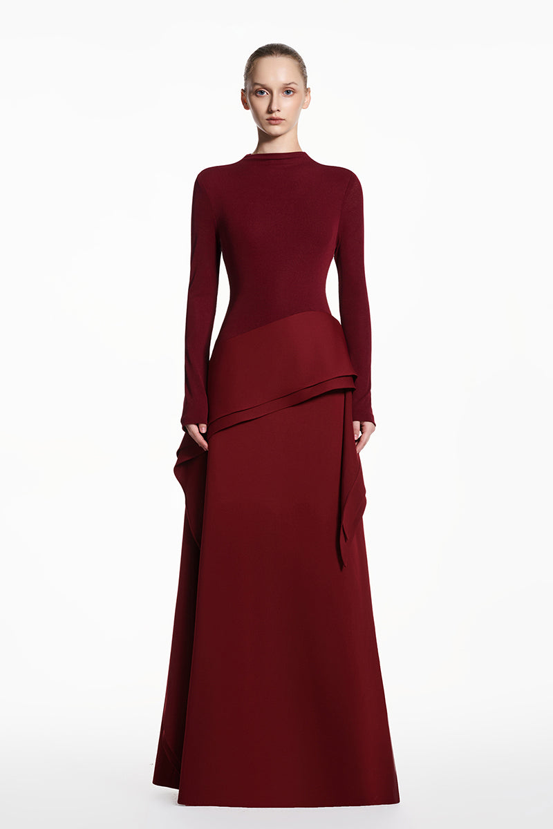 Red spandex jersey maxi dress by EEGEN STUDIO, featuring a fitted silhouette and stylish design.