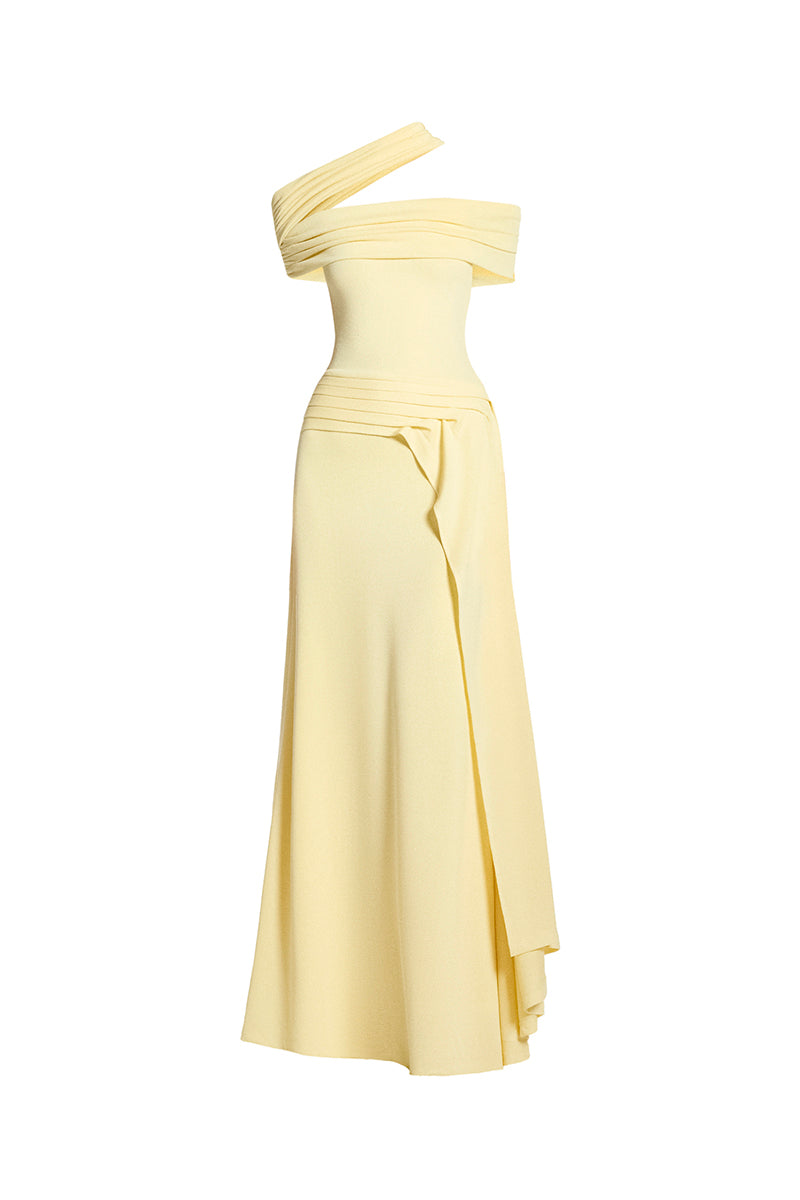 Yellow spandex light knit maxi dress by EEGEN Studio, flowing design with fitted waist and sleeveless style.