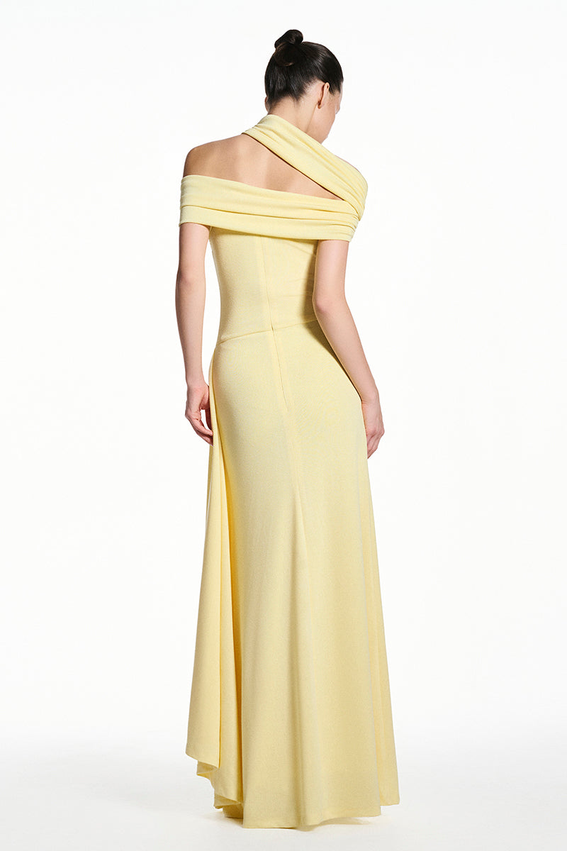 Yellow spandex light knit gown by EEGEN STUDIO, featuring a fitted silhouette and soft fabric, perfect for elegant wear.