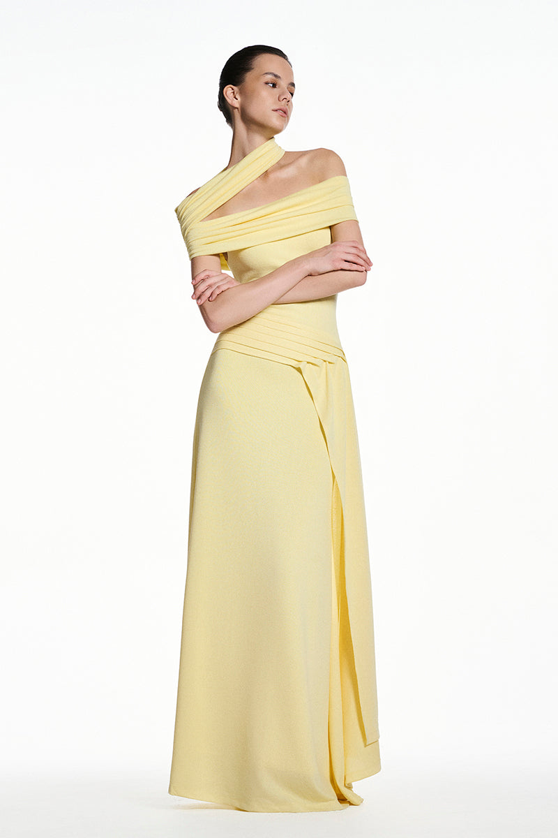 Yellow spandex light knit maxi dress by EEGEN STUDIO, featuring a fitted silhouette and soft, stretchy fabric.