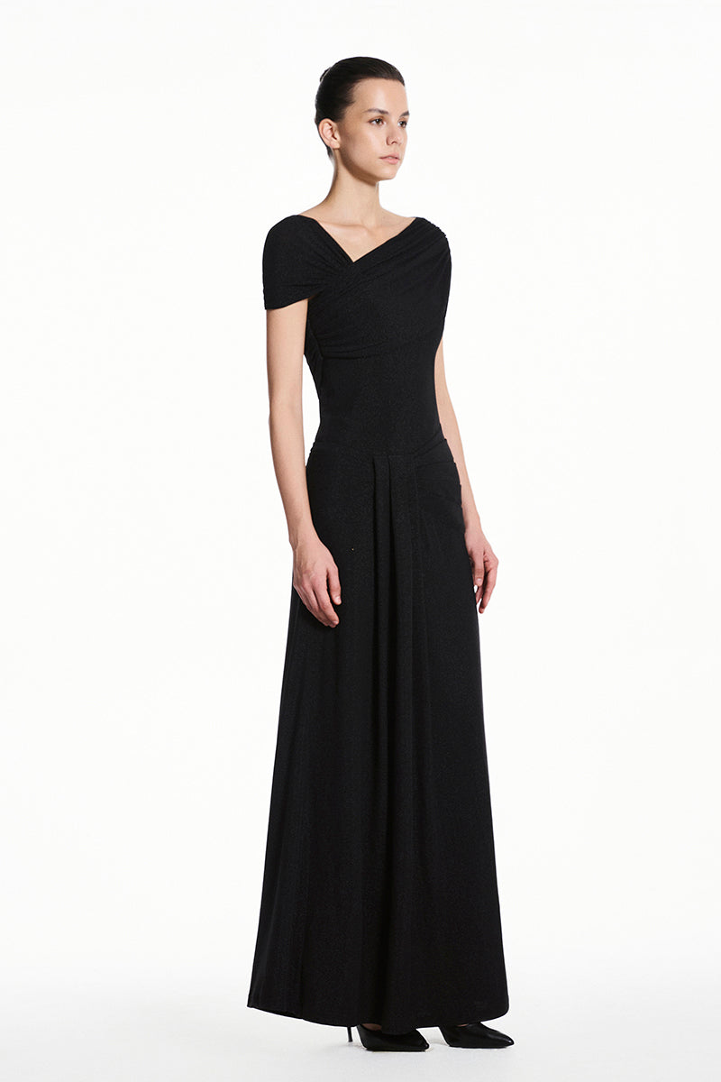 Black spandex knit maxi dress by EEGEN STUDIO, shown on a hanger with a close-up of the fitted bodice and flowing skirt.