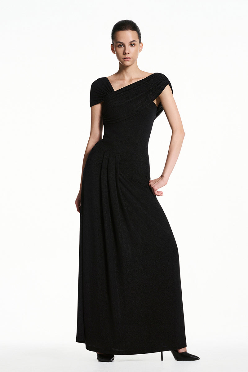 Black spandex knit maxi dress by EEGEN STUDIO, shown on a hanger with a close-up of the fitted fabric and length.