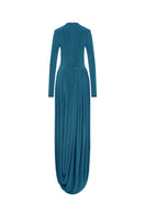 Blue light twinkle jersey spandex gown by EEGEN STUDIO, featuring a fitted silhouette and elegant design.