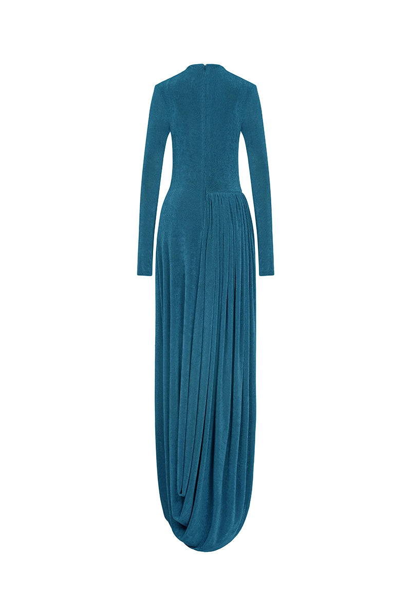 Blue light twinkle jersey spandex gown by EEGEN STUDIO, featuring a fitted silhouette and elegant design.