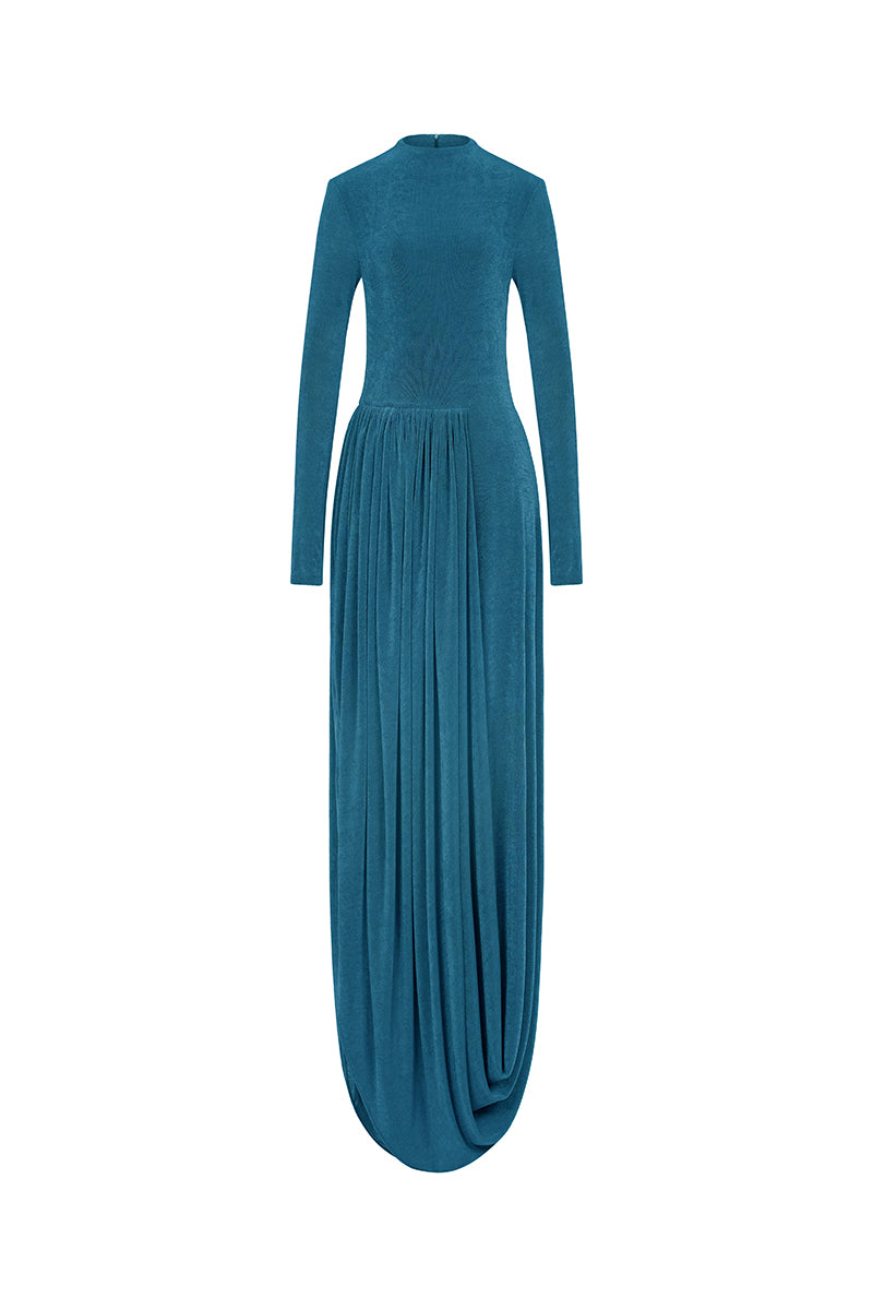Blue Light Twinkle Jersey Spandex Maxi Dress by EEGEN STUDIO, featuring a flowing silhouette and subtle shimmering details.