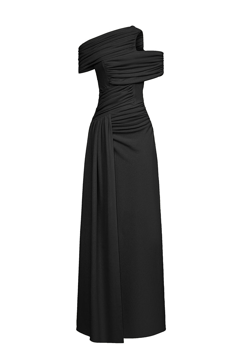 Black spandex light knit maxi dress by EEGEN STUDIO, shown on a hanger with a flowing, fitted silhouette.