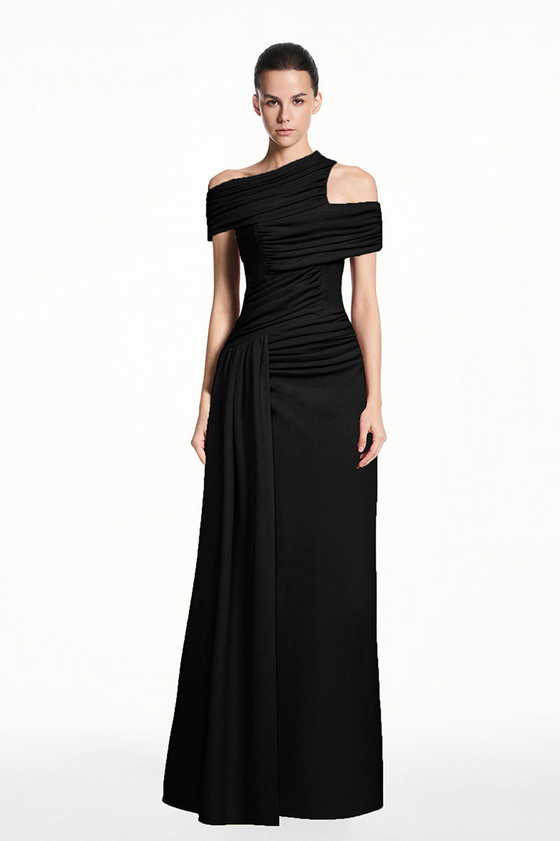 Black spandex knit maxi dress by EEGEN STUDIO, featuring a fitted silhouette and lightweight, stretchy fabric.