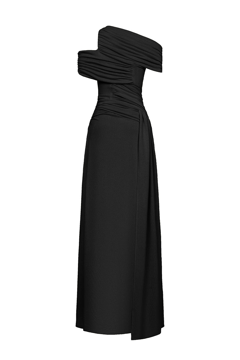 Black spandex light knit maxi dress by EEGEN STUDIO, featuring a fitted silhouette and soft, stretchy fabric.