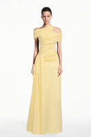 Yellow spandex light-knit gown by EEGEN STUDIO, featuring a fitted silhouette and soft fabric, displayed on a mannequin.