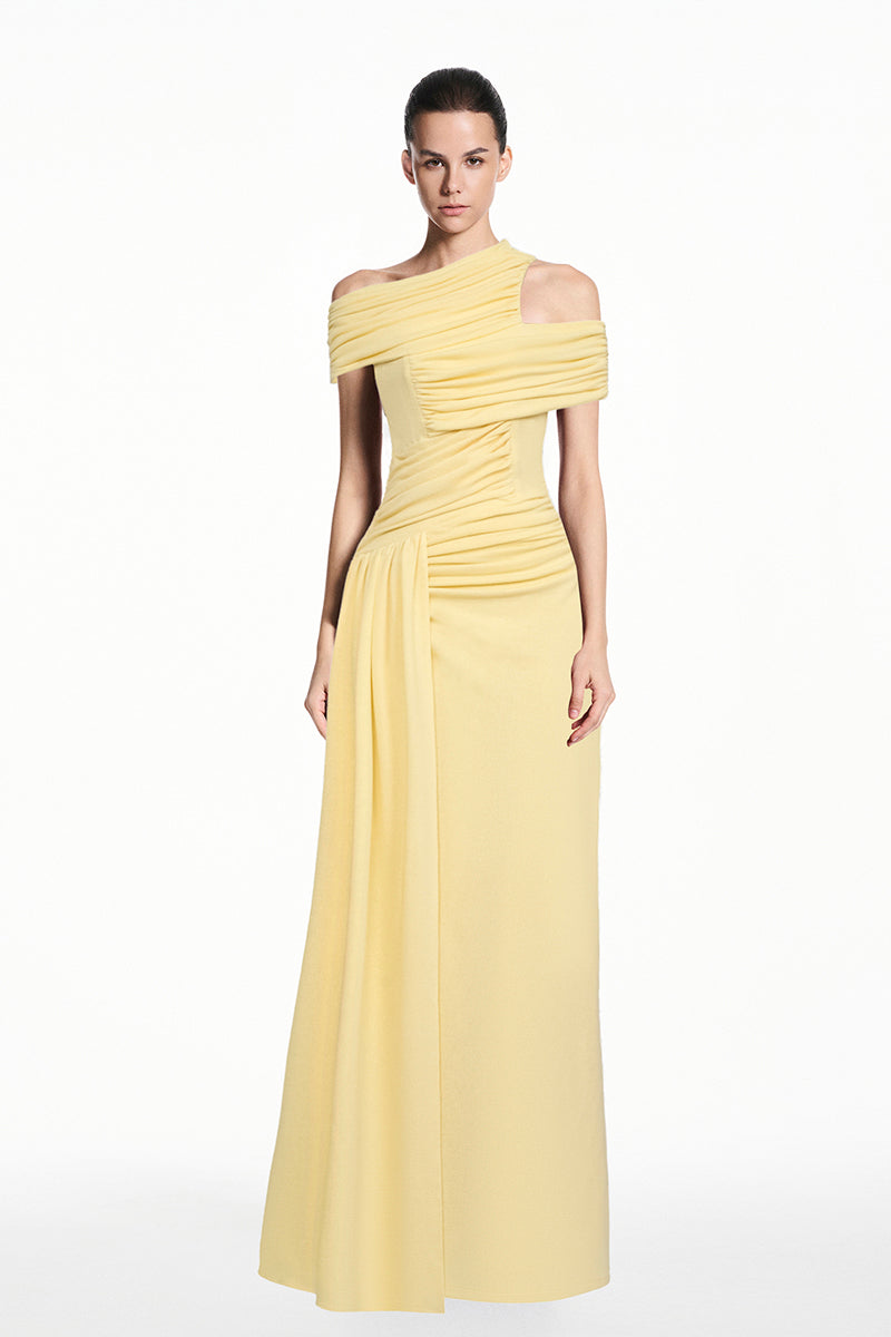 Yellow spandex light-knit gown by EEGEN STUDIO, featuring a fitted silhouette and soft fabric, displayed on a mannequin.