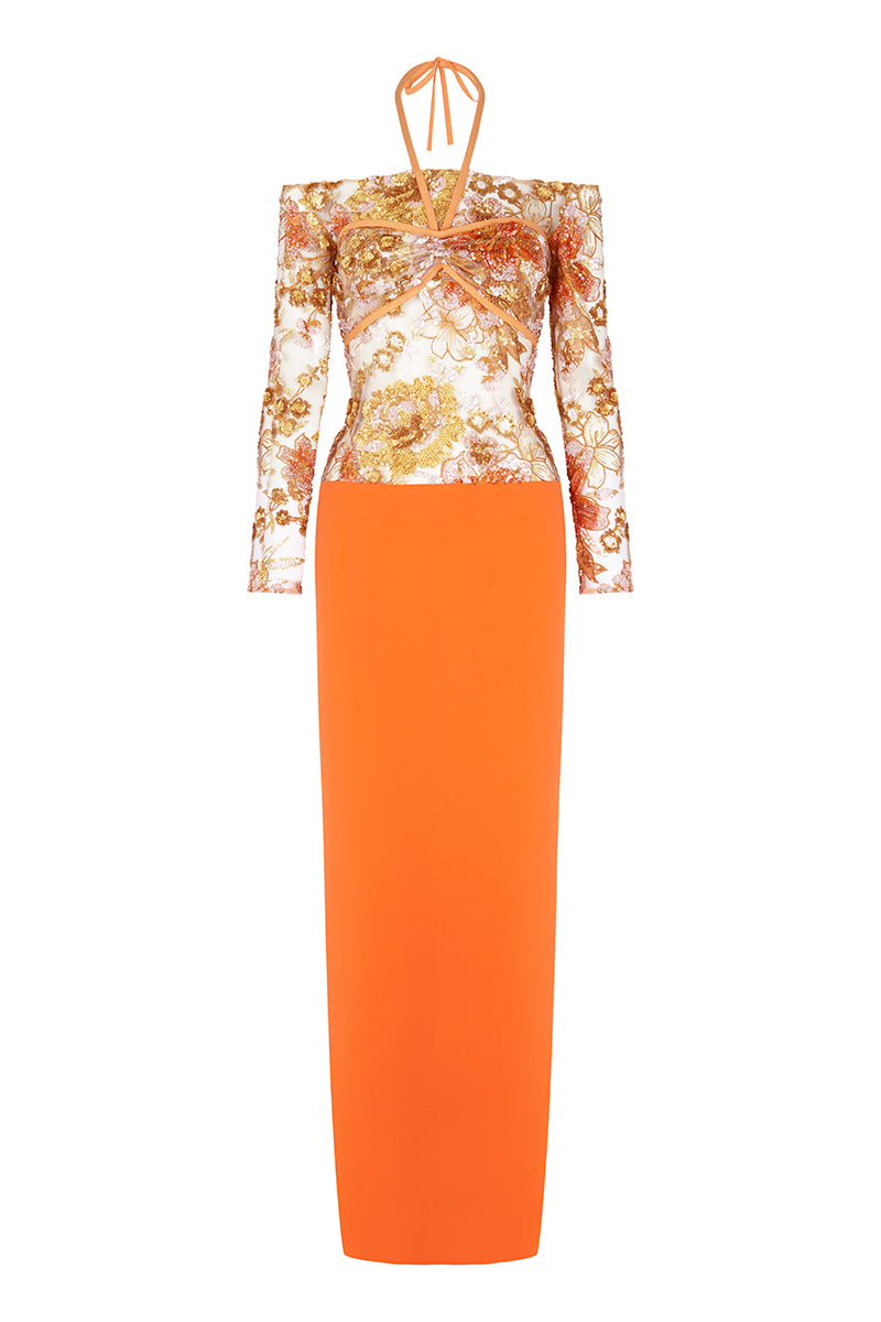 EMBROIDERY AND DOUBLE CREPE DRESS