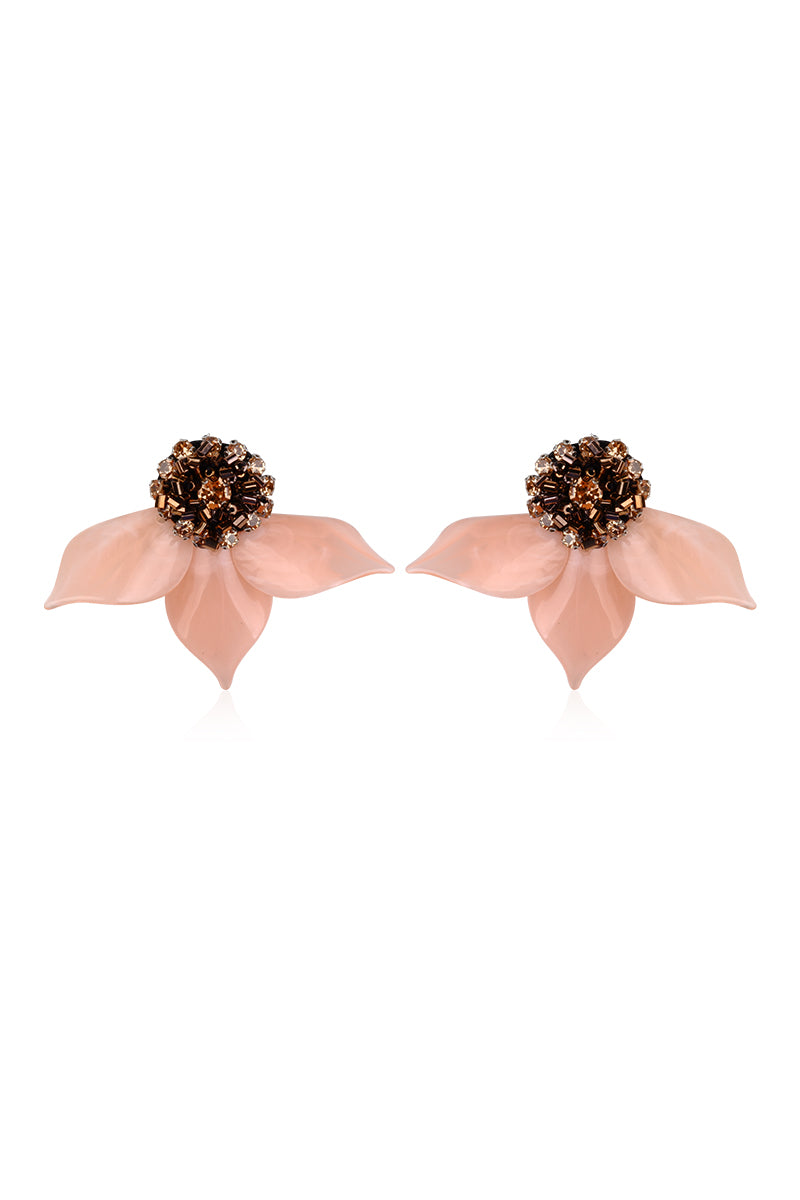 A pair of peach drop earrings by Aidan & Ice featuring vibrant peach-colored earrings with a sleek, elegant design.