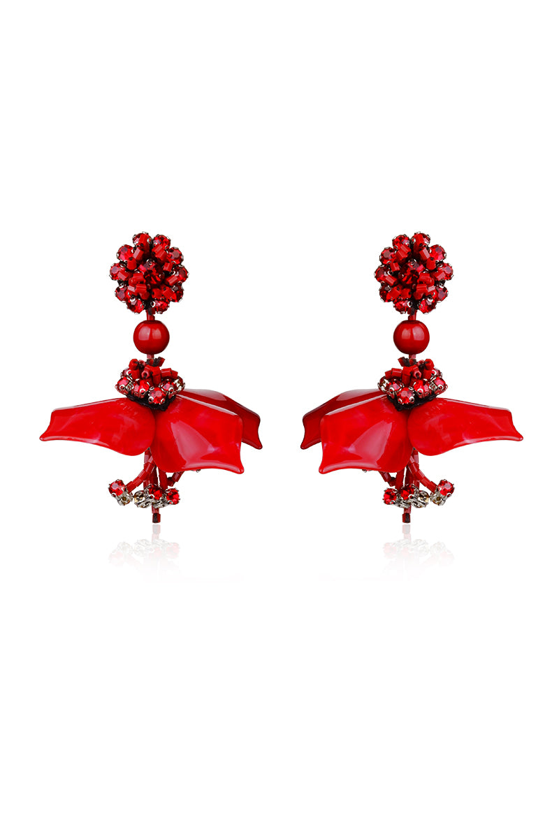 A pair of red dew drop earrings by Aidan & Ice featuring shiny, teardrop-shaped dangle earrings on silver hooks.