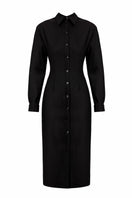 Black wool midi dress by UNDRESS, featuring a sleek, fitted silhouette and elegant design, shown on a model.