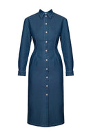 Undress Edith denim midi dress in blue, featuring a fitted waist and classic midi length, suitable for casual or semi-formal occasions.
