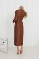 Brown fitted midi shirt dress from UNDRESS featuring a sleek, tailored silhouette and classic shirt collar design.