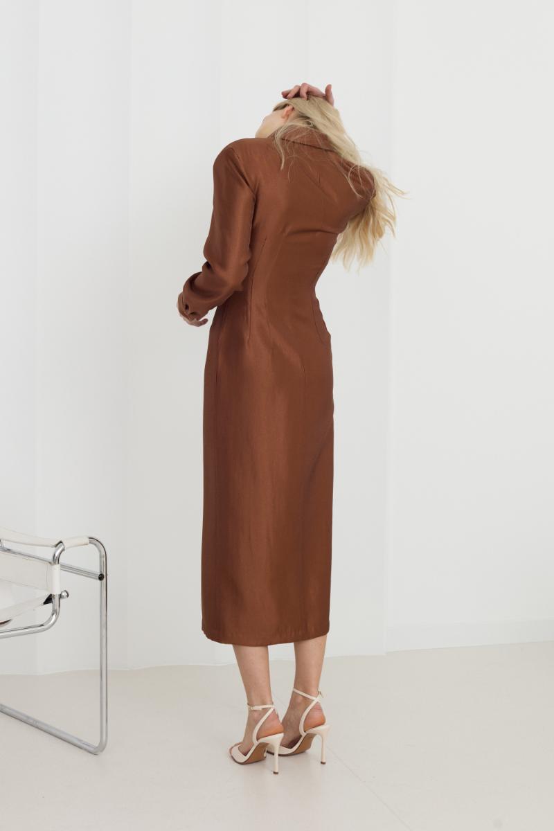 Brown fitted midi shirt dress from UNDRESS featuring a sleek, tailored silhouette and classic shirt collar design.