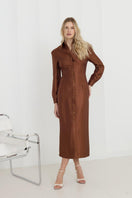 Brown fitted midi shirt dress by UNDRESS, showing a tailored silhouette with button details and a classic collar.