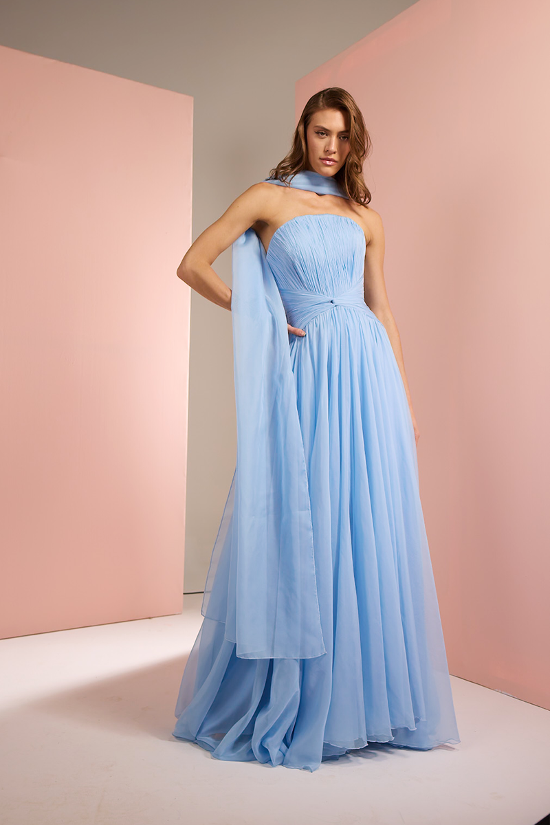 STRAPLESS GOWN WITH SCARF IN BABY BLUE | CULT MIA | Joanna Andraos STRAPLESS GOWN WITH SCARF IN BABY BLUE | CULT MIA | Joanna Andraos