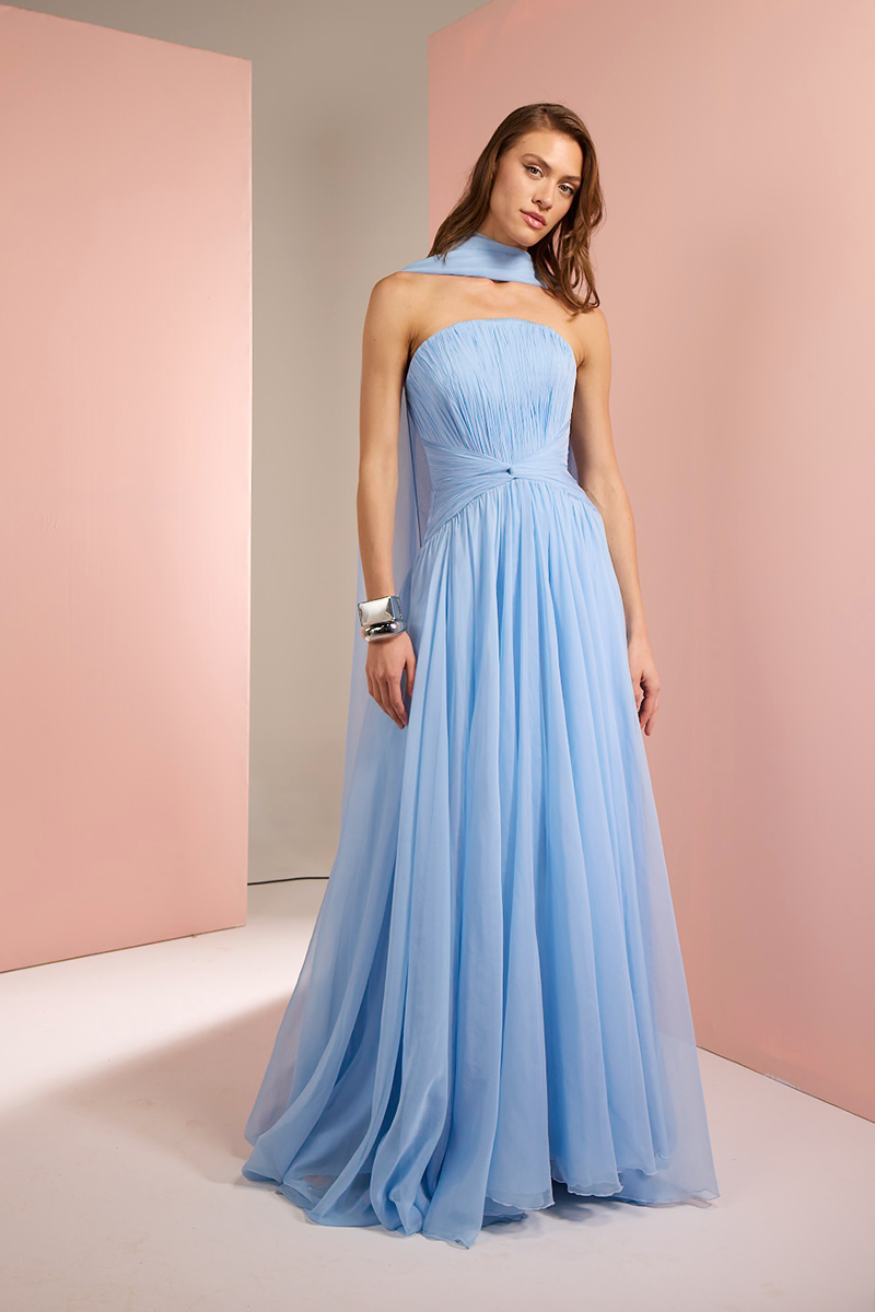 STRAPLESS GOWN WITH SCARF IN BABY BLUE - CULT MIA