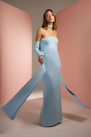 Baby blue strapless crepe tube gown by Joanna Andraos, featuring a sleek, fitted silhouette and elegant style.